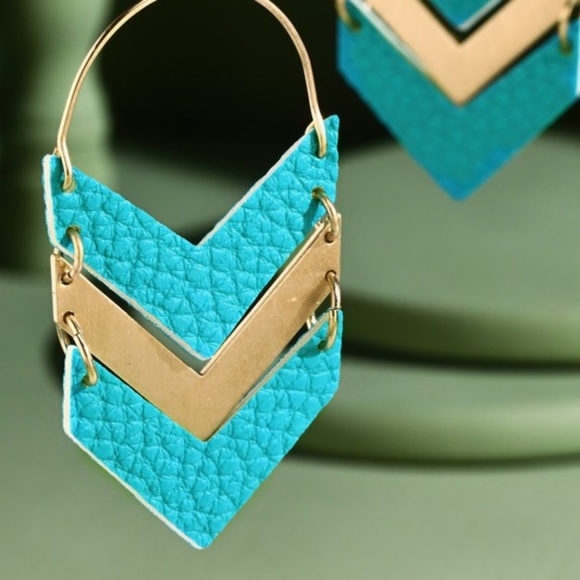 Turquoise & Gold Faux Vegan Leather Chevron Dangle Earrings - Picture 2 of 3
